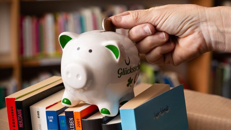 Ein Sparschwein steht auf Büchern, Geld wird eingeworfen, um zu symbolisieren, dass wir auf materielle Spenden angewiesen sind.